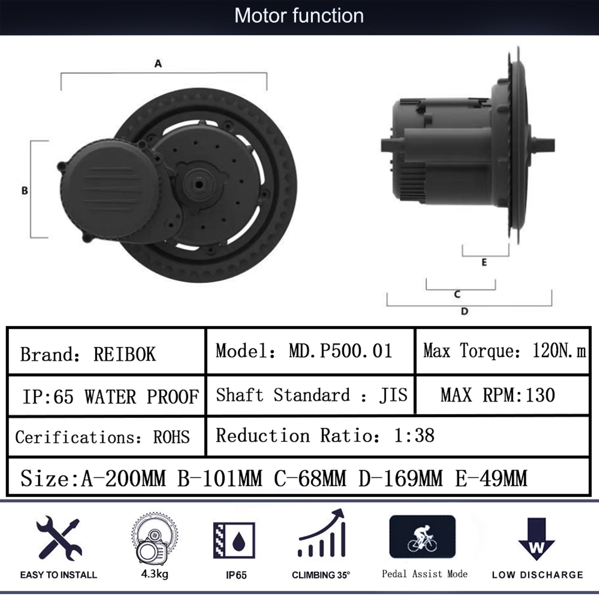 Rattan Reibok 48V 500W Mid Drive Motor