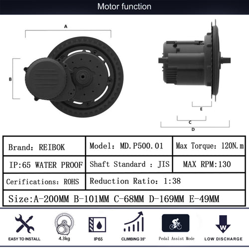 Rattan Reibok 48 V 500W Mittelantriebsmotor
